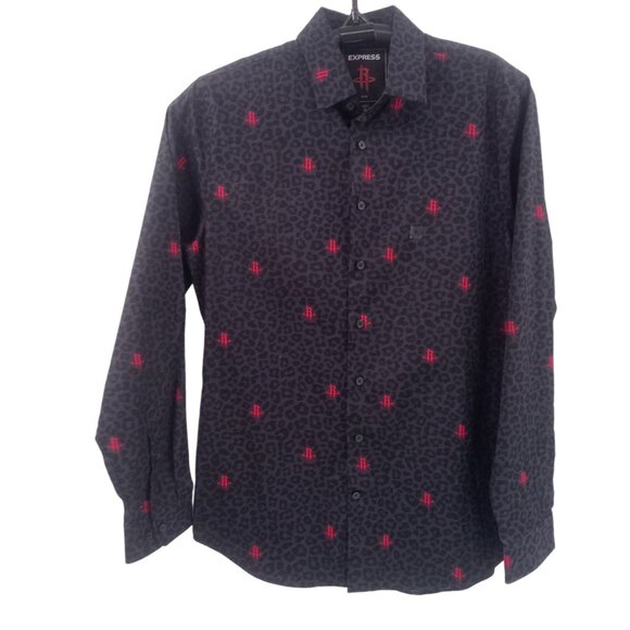 Express Mens Black Houston Rockets Slim Dress Shirt Size M 15" 15.5" Leopard - Picture 4 of 16